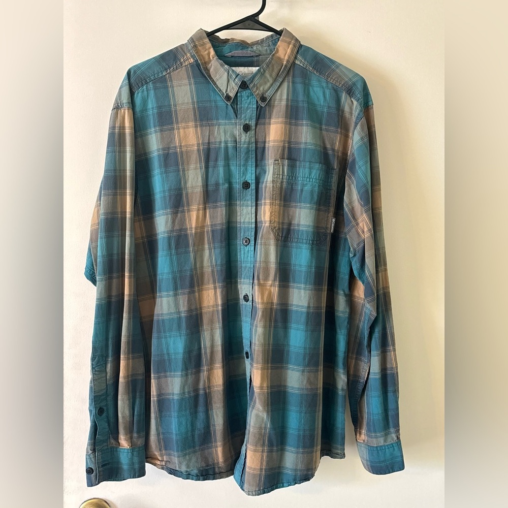 Columbia Men's Teal and Beige Plaid long sleeve button up Shirt